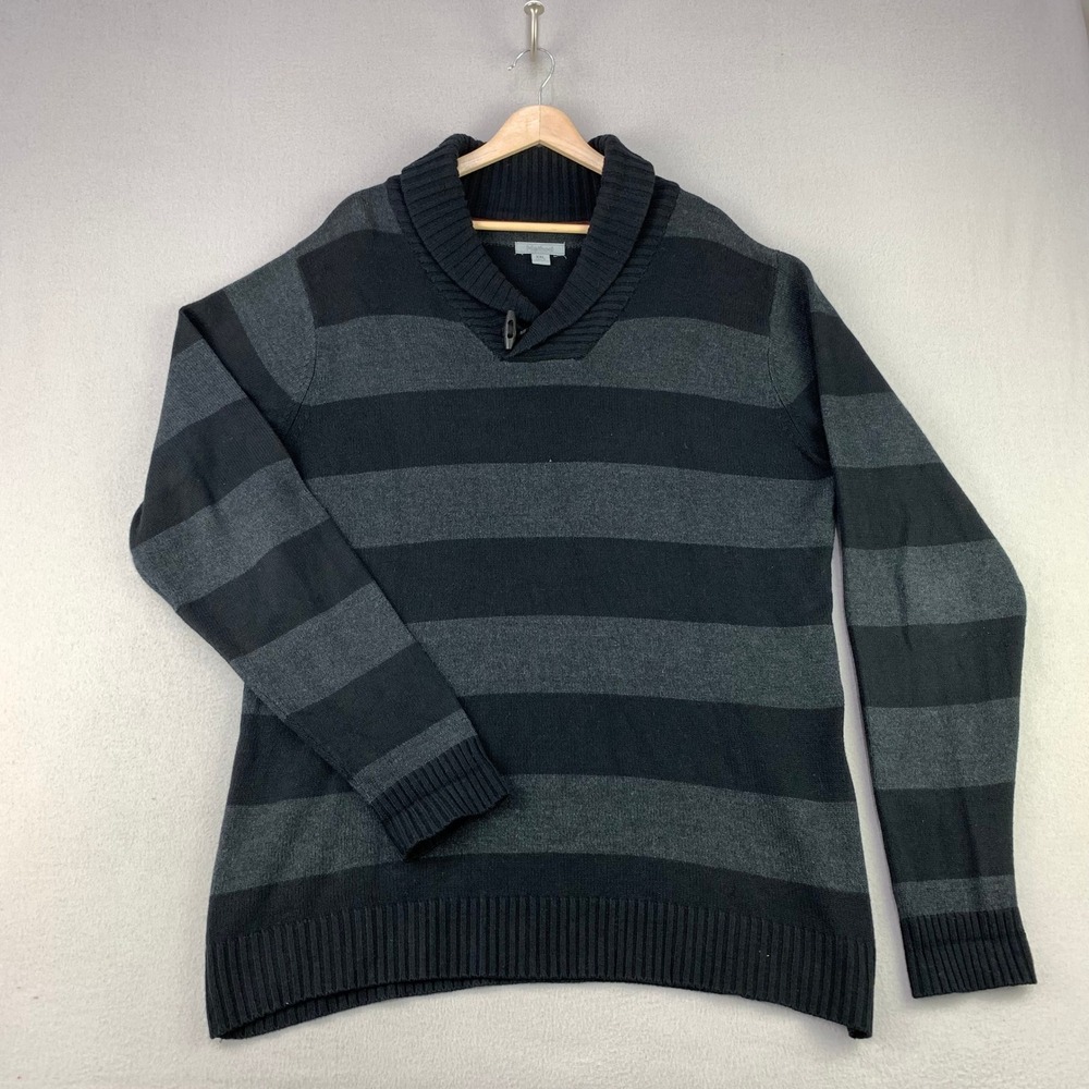 Vintage Method Shawl Collar Sweater Mens XXL Black Gray Striped Toggle Goth Y2K